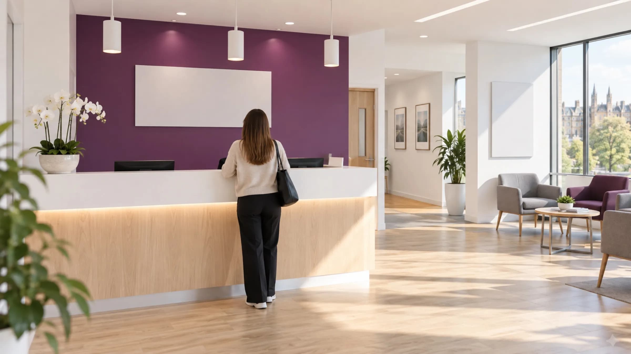The reception area of a modern private orthopaedic clinic, with a plum feature wall