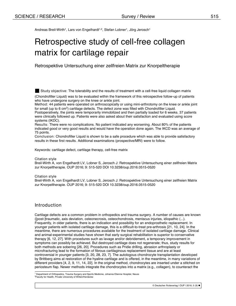 Cover of Retrospective study of cell-free collagen matrix for cartilage repair