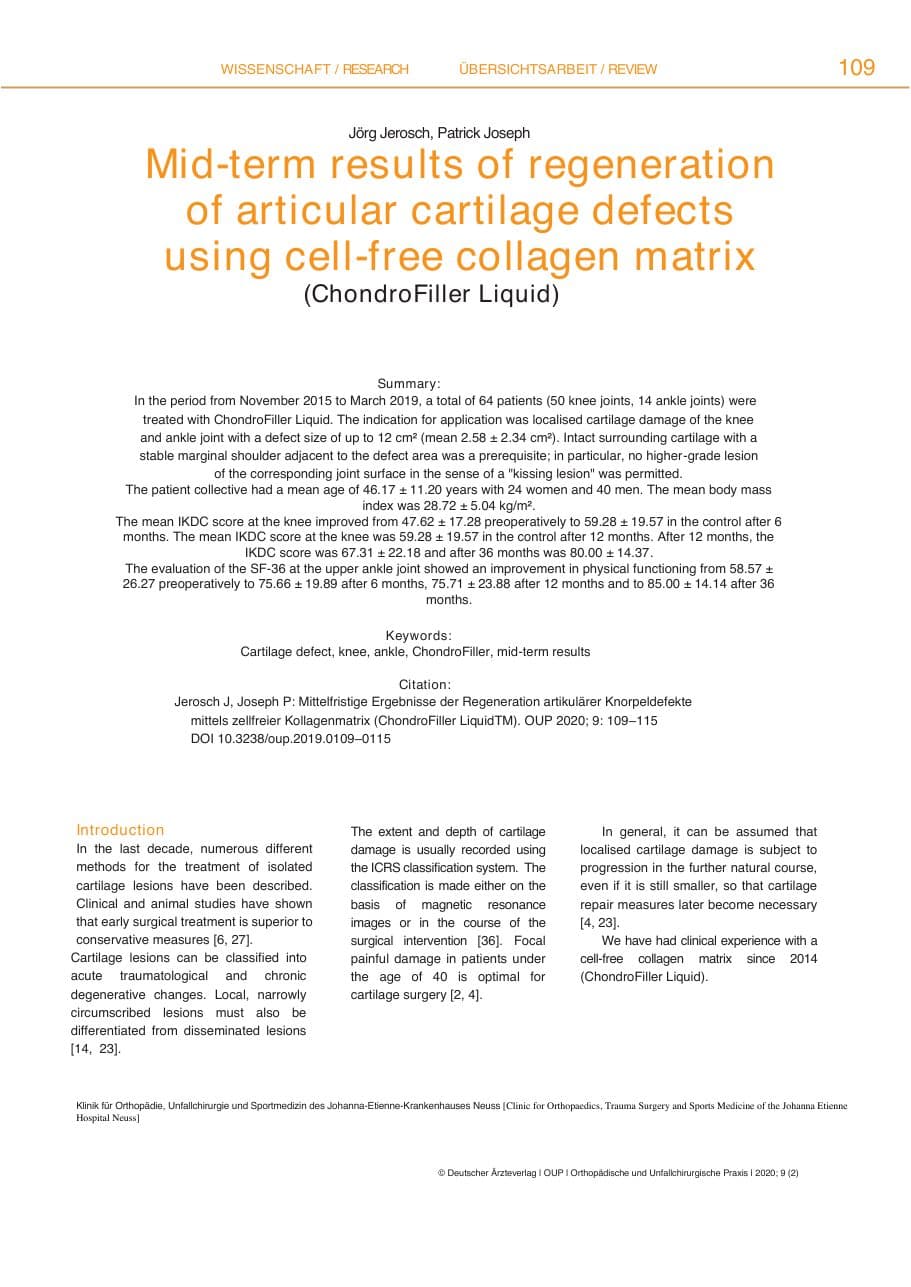 Cover of Mid-term results of regeneration of articular cartilage defects using cell-free collagen matrix