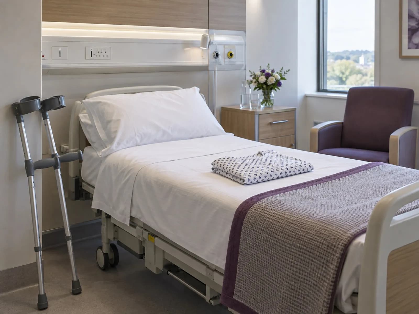 An empty, made-up day-case ward bay with a folded gown and a pair of crutches by the bed