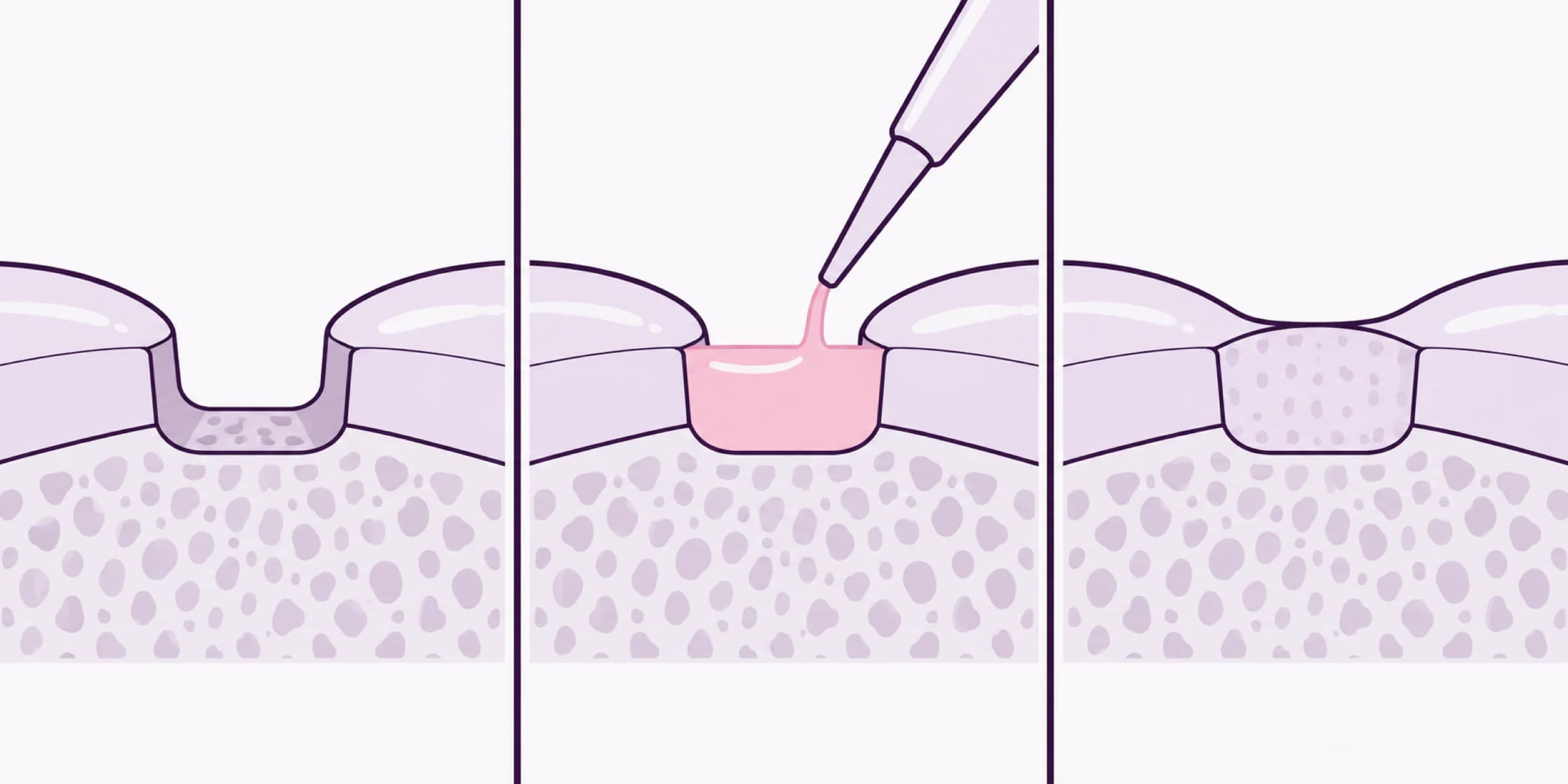 Three-panel illustration of a bounded cartilage defect being cleaned, filled from an applicator, and set flush with the surface