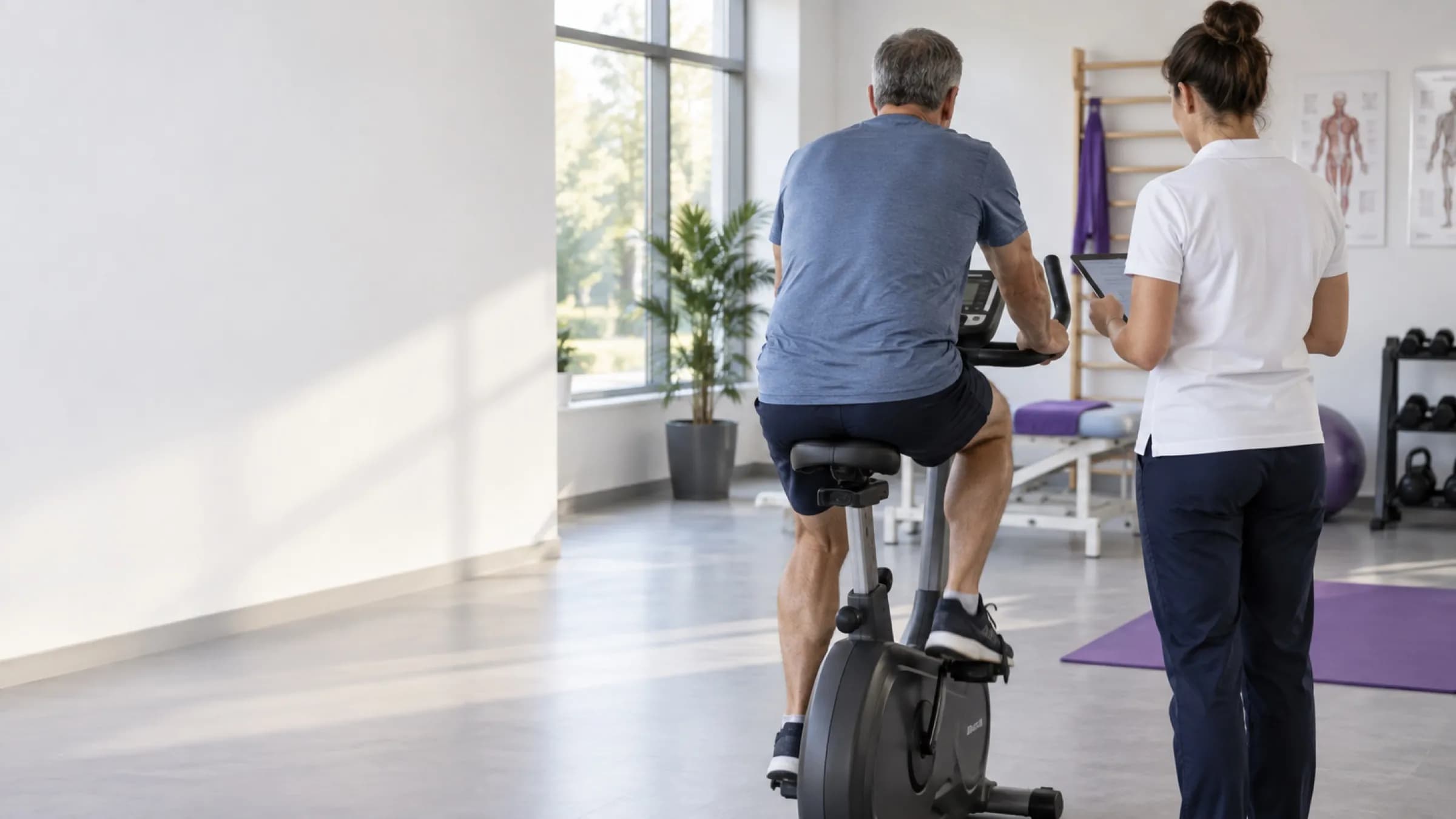A patient on a stationary bicycle in a physiotherapy studio with a physiotherapist alongside