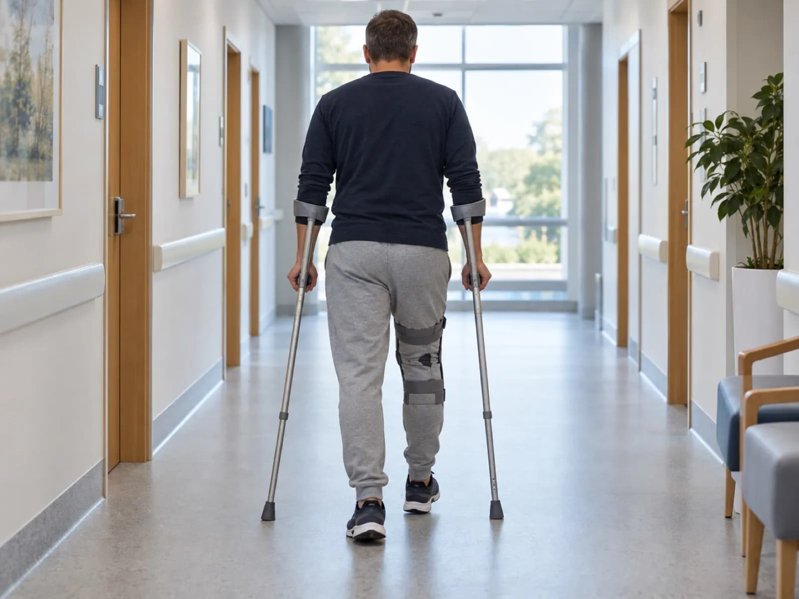 A person walking with two forearm crutches along a bright clinic corridor, wearing a knee orthosis